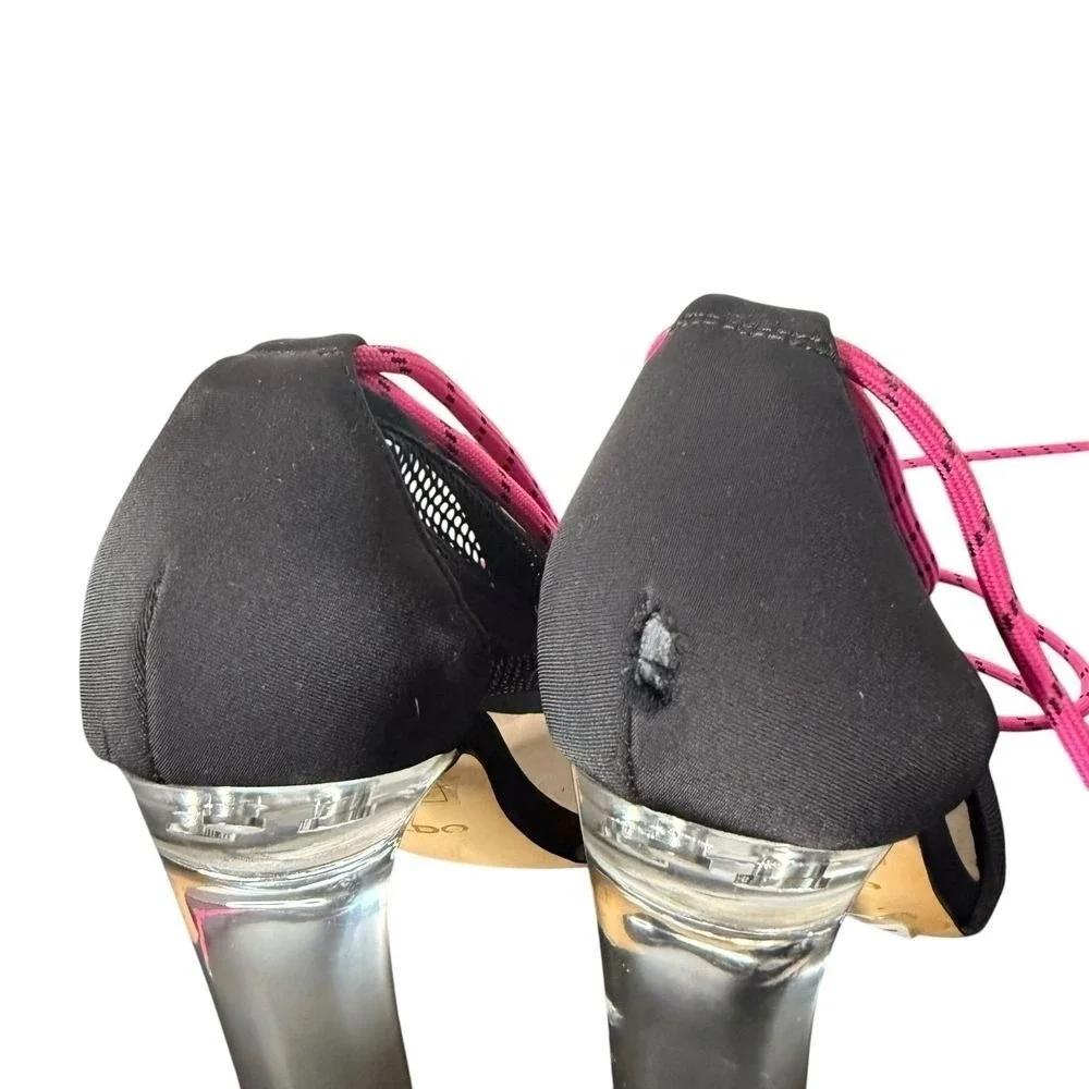 ALDO Black Mesh Lace Clear Heel Shoes Womens 7 Open Toe Pink Lace Up Cyberpunk